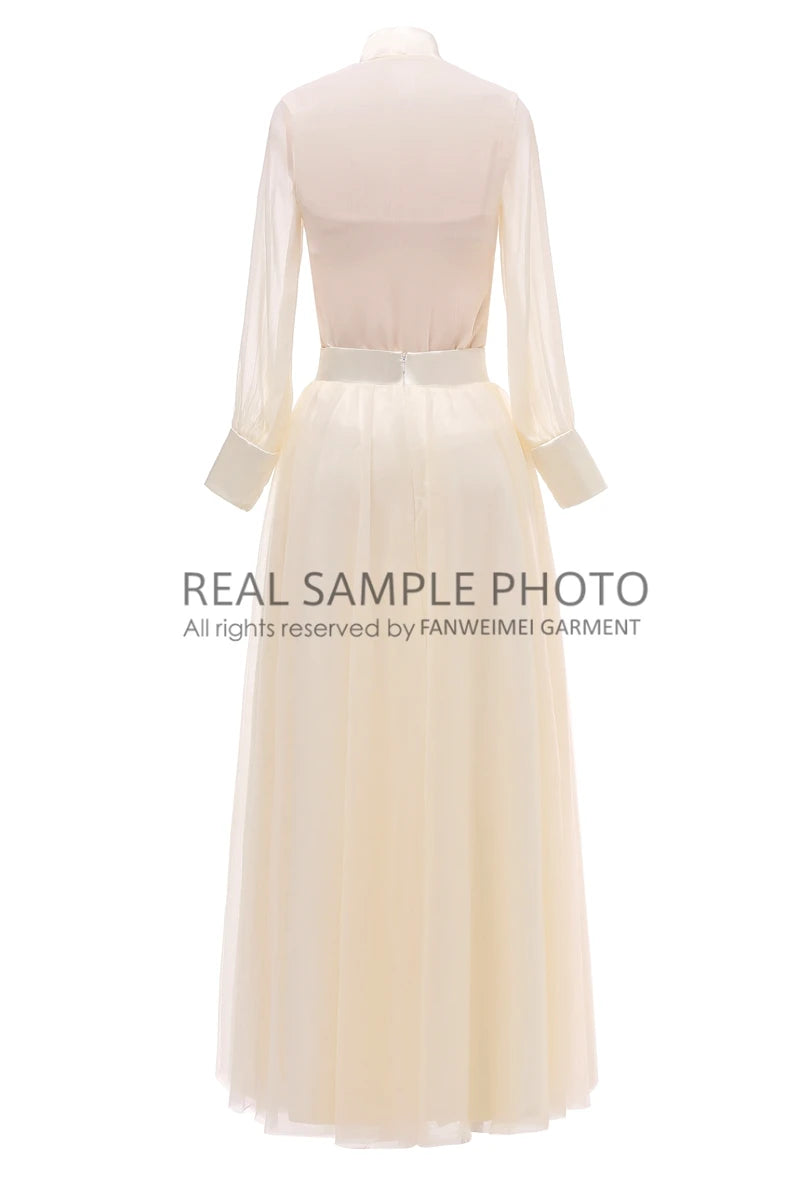 1029# Real Pictures Two Piece Long Sleeve Beige Tulle Chiffon Floor Length Shirt Collar Wedding Dress Bridal Gown WIth Button