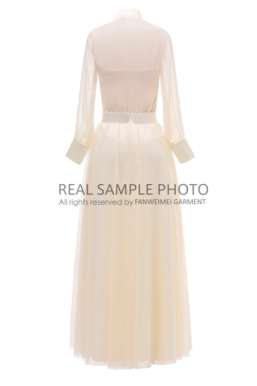 1029# Real Pictures Two Piece Long Sleeve Beige Tulle Chiffon Floor Length Shirt Collar Wedding Dress Bridal Gown WIth Button