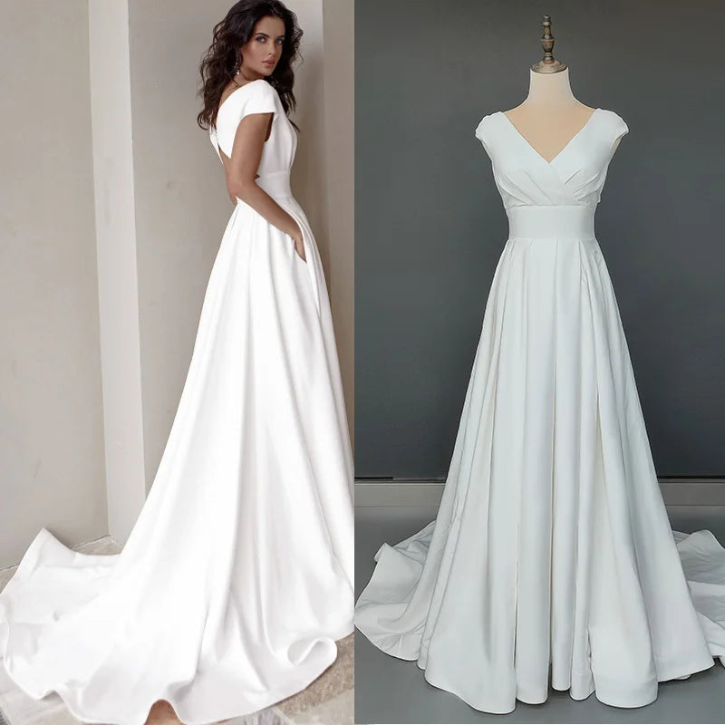 8183#Real Photos Sleeveless Sexy V-Neck Open Back Sheath A-Line Satin Side Pocket Sweep Train Wedding Dress Wedding Bridal Gown