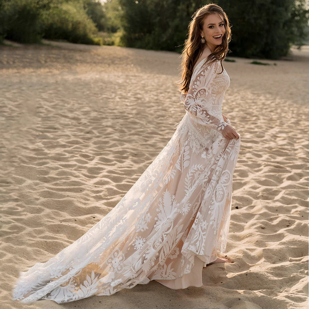 12582# Real Photos Bohemia Sweep Train V-Neck A-line Wedding Dress Appliques Lace Bridal Gown With Tassel Puffy Sleeves