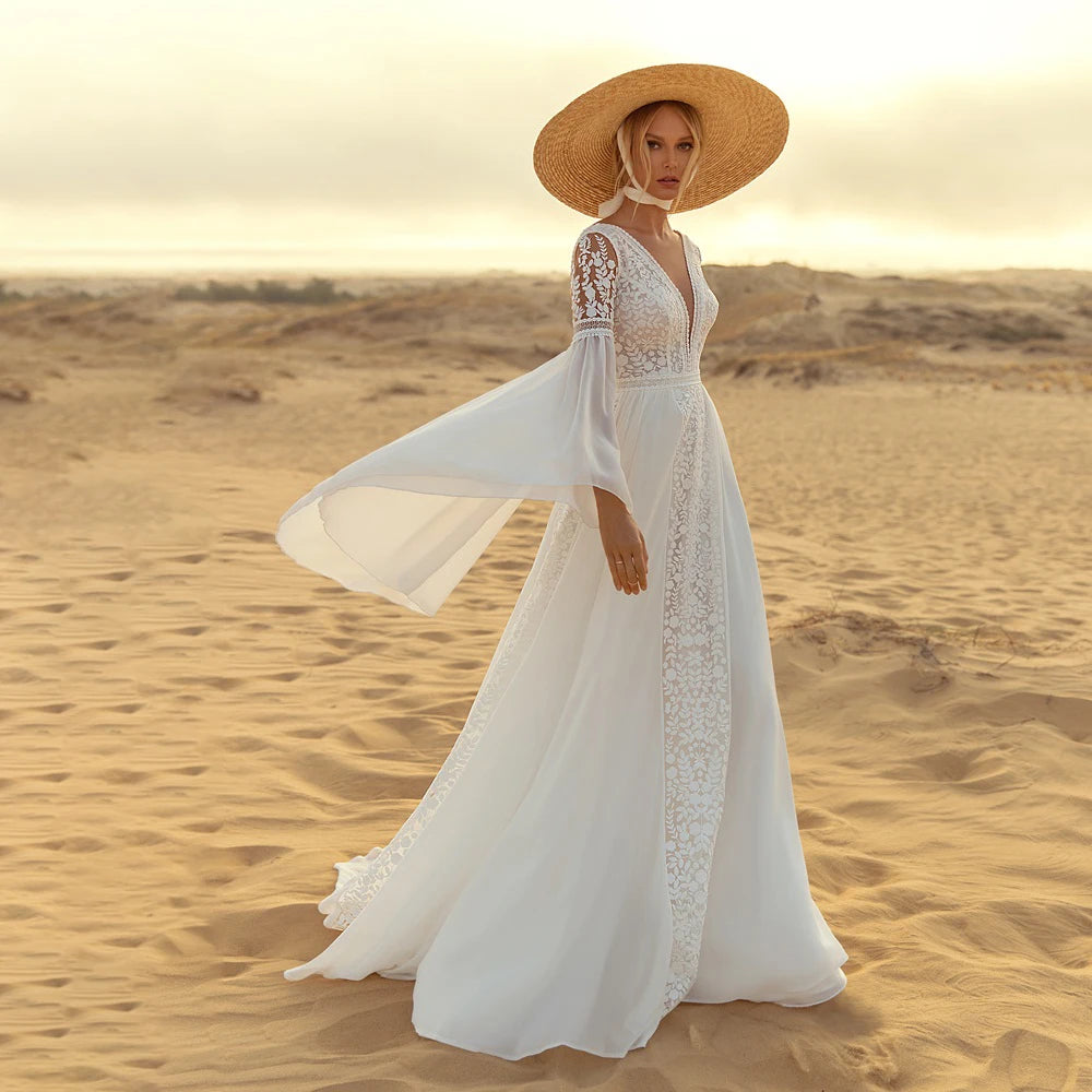 10955# Real Photos Boho Flare Sleeves V-neck Backless Appliques Lace Soft Chiffon Wedding Dress Bridal Gown for Women