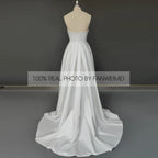 Real Photos Gorgeous Strapless Sleeveless A-Line Simple Sweep Train Satin Wedding Dress Side Slit Bridal Gown for Women