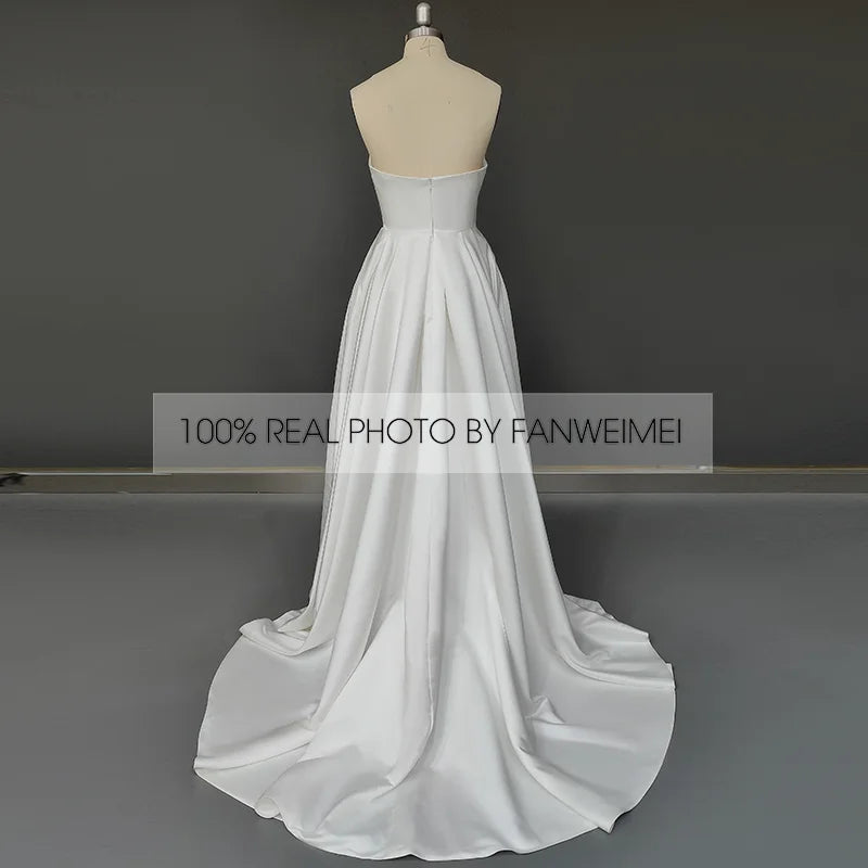 Real Photos Gorgeous Strapless Sleeveless A-Line Simple Sweep Train Satin Wedding Dress Side Slit Bridal Gown for Women