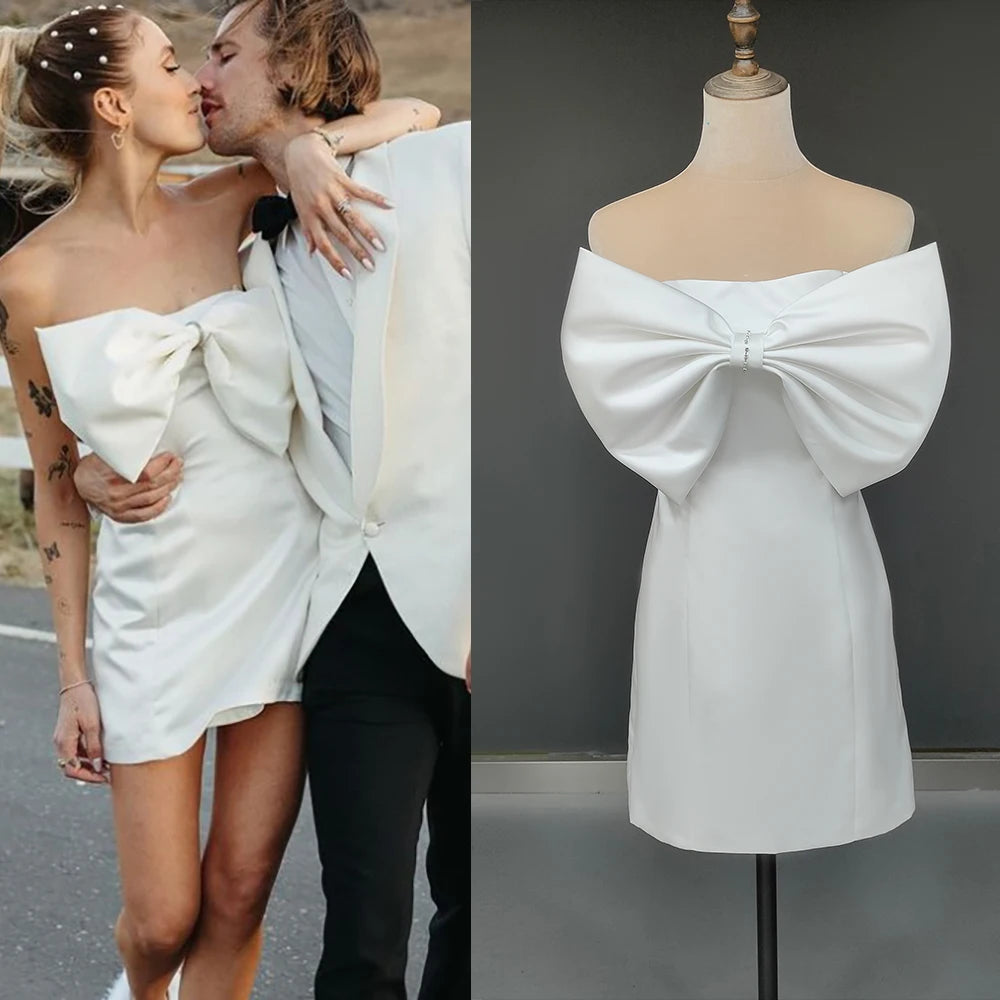8814# Real Photos Simple Beach Big Bow Soft Satin Sheath Short Wedding Dress for Engagement Bridal Gown Prom Dress