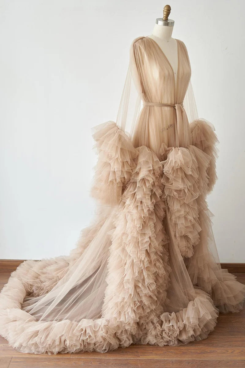 15317#  Real Photos Open Front Tiered Ruffle Tulle Wedding Shooting Dress for Pregnant Maternity Robe With Sweep Train