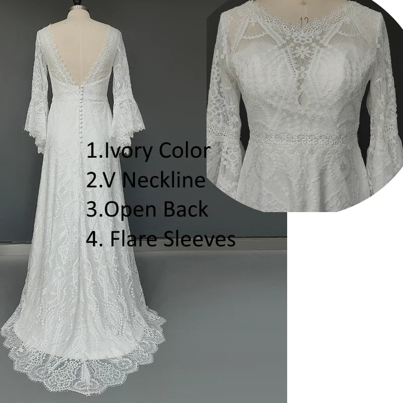 Real Photos Boho Outdoor Long Bell Sleeves Lace Wedding Dress for Plus Size Woman Backless Boat Neck Bride Gown for Wedding