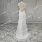 100% Real Photos Simple V-neck Sleeveless Lace Mermaid Wedding Dress Elegant Sweep Train Sleeveless Bridal Gown for Women