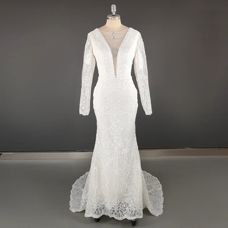 Real Photos Boho V-Neck Long Sleeve Mermaid Appliques Lace Wedding Dress Woman Backless Sweep Train Bridal Gown for Wedding