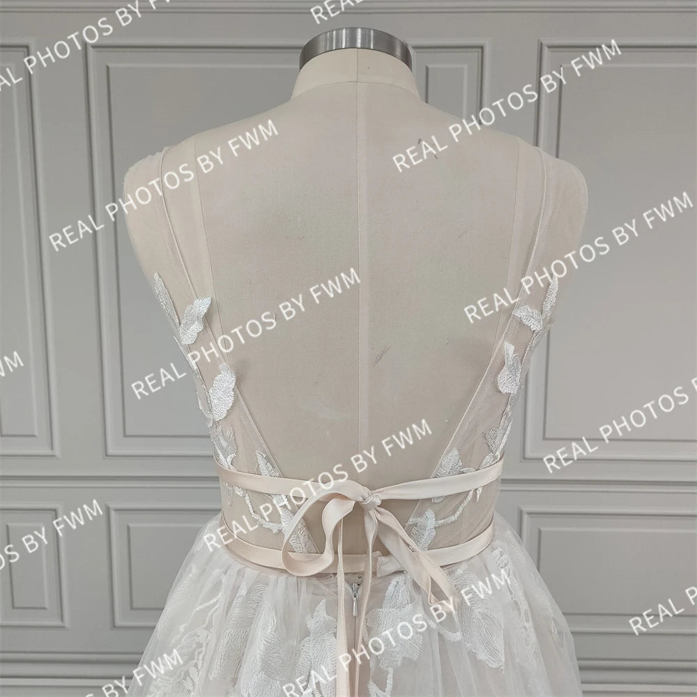 Real Photos High Quality V-Neck Tulle A-line Wedding Dress Elegant Women Appliques Lace Low Back Bride Gown  Bridal Dress