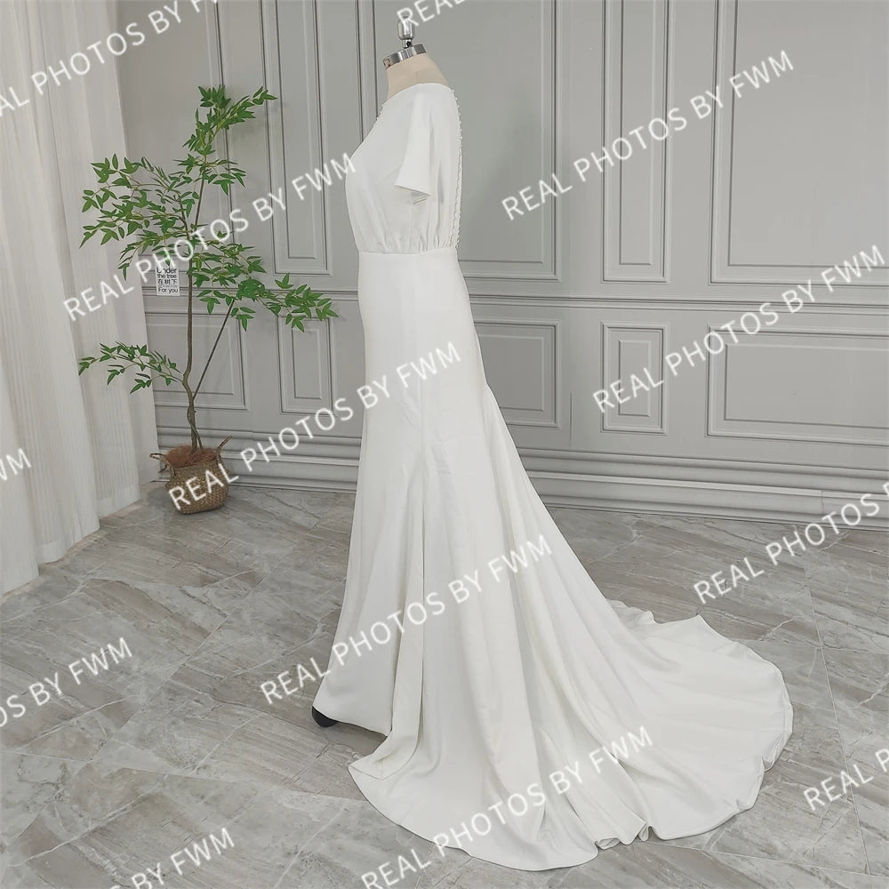 Real Photos High Quality Simple Boat Neck Soft Satin Wedding Dress Elegant Women Short Sleeve Bride Gown With Pearls Button
