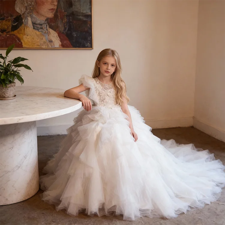 Custom Puffy Sequined Beaded Lace Appliques Tiered Tulle Flower Girl Dress with Sweep Train for Wedding/Party/Stage/Pageant