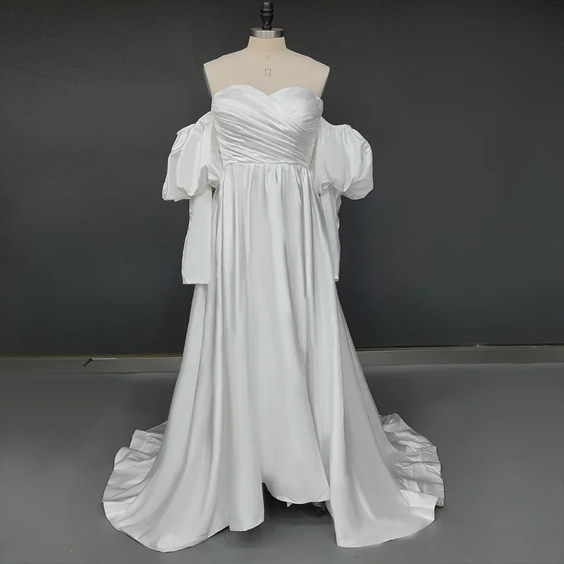 Real Photos Off Shoulder Puffy Sleeves Pleat Soft Satin Bride Gown for Women Sweep Elegant Bridal Dress for Wedding