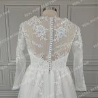 100% Real Photos Boho Boat Neck Long Sleeves Appliques Lace A-line Sweep Train Wedding Dress Illusion Back Bride Gown for Women