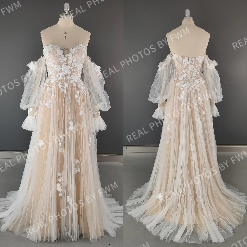 #2220 Real Photos Boho Detachable Puffy Sleeves Appliques Lace Strapless Wedding Dress for Women Pleated Tulle  Bridal Gown