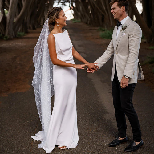 10118# Real Photos Boat Neck Backless Soft Satin Sweep Train Beach Wedding Dress Custom Bridal Gown Wedding Gown