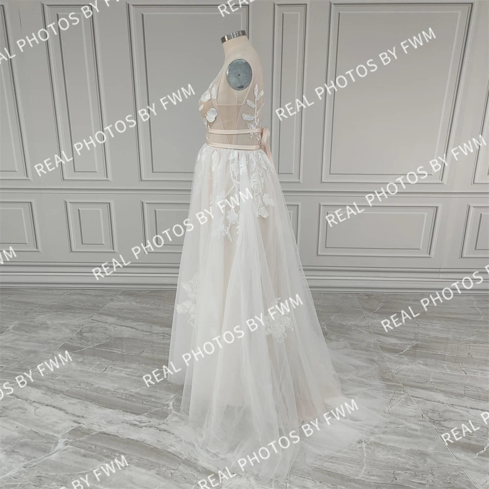Real Photos High Quality V-Neck Tulle A-line Wedding Dress Elegant Women Appliques Lace Low Back Bride Gown  Bridal Dress