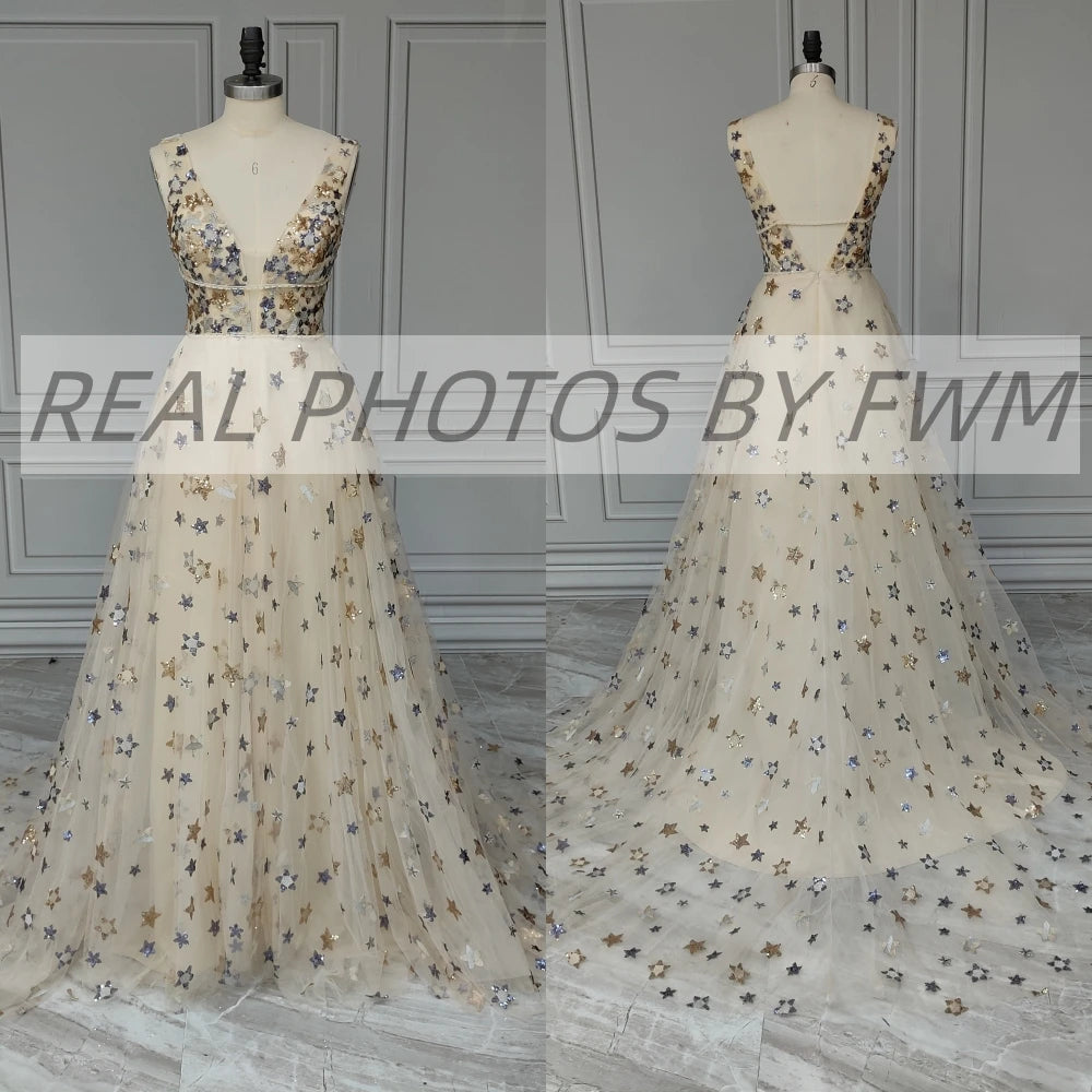15277# Real Photos Casual Shiny Stars Tulle V-neck Backless Wedding Bridal Gown Birthday Party Dress Women Prom Evening Dress