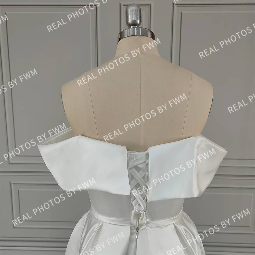 Real Photos High Quality Off Shoulder High Side Slit Satin A-line Wedding Dress for Women Bride Gowns Vestido De Novia