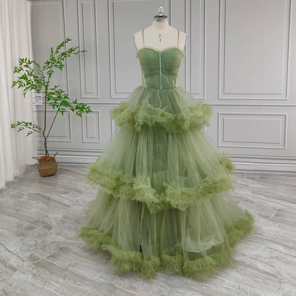 Real Photos Green Spaghetti Strap Ruffles Tulle Ball Gown Birthday Party Dress Women Prom Evening Dresses for Wedding