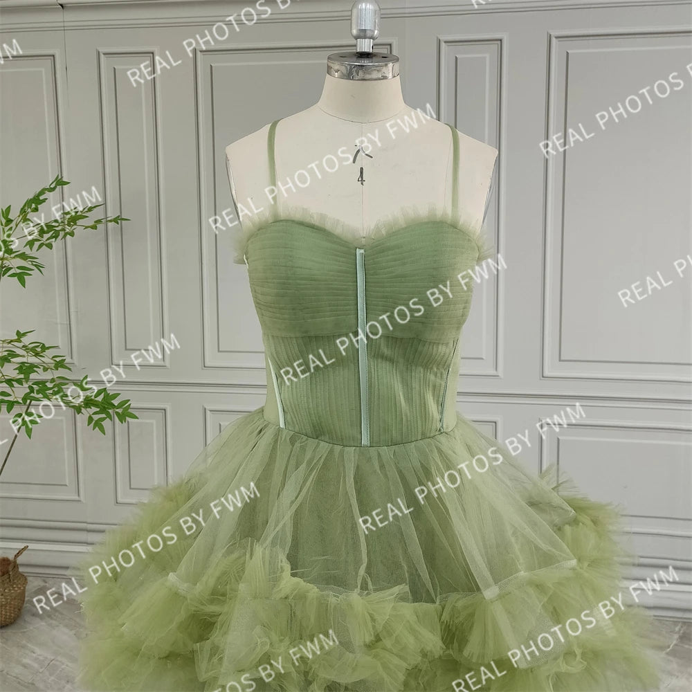 Real Photos Green Spaghetti Strap Ruffles Tulle Ball Gown Birthday Party Dress Women Prom Evening Dresses for Wedding