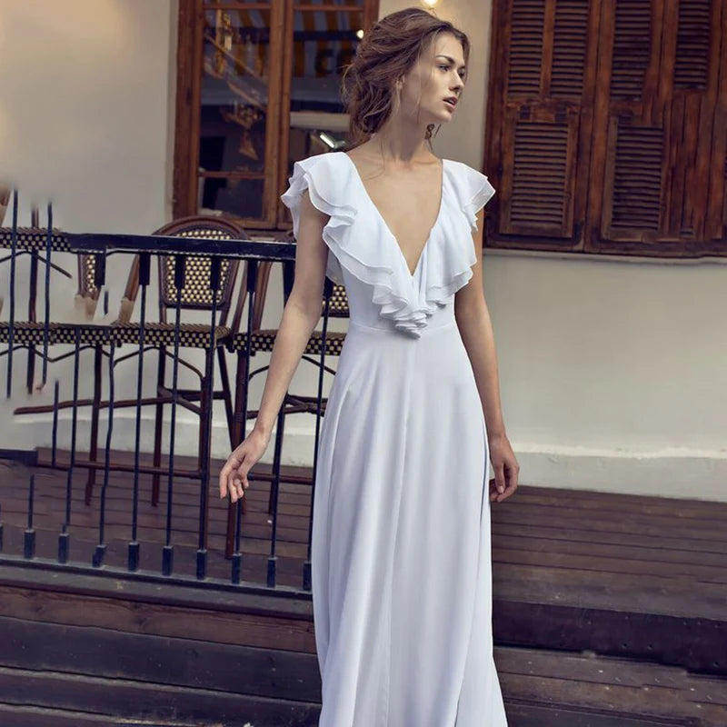 10370#Real Photos Sleeveless Ruffle V Neck Chiffon Beach Open Back Floor Length Simple Elegant Wedding Dress Wedding Bridal Gown