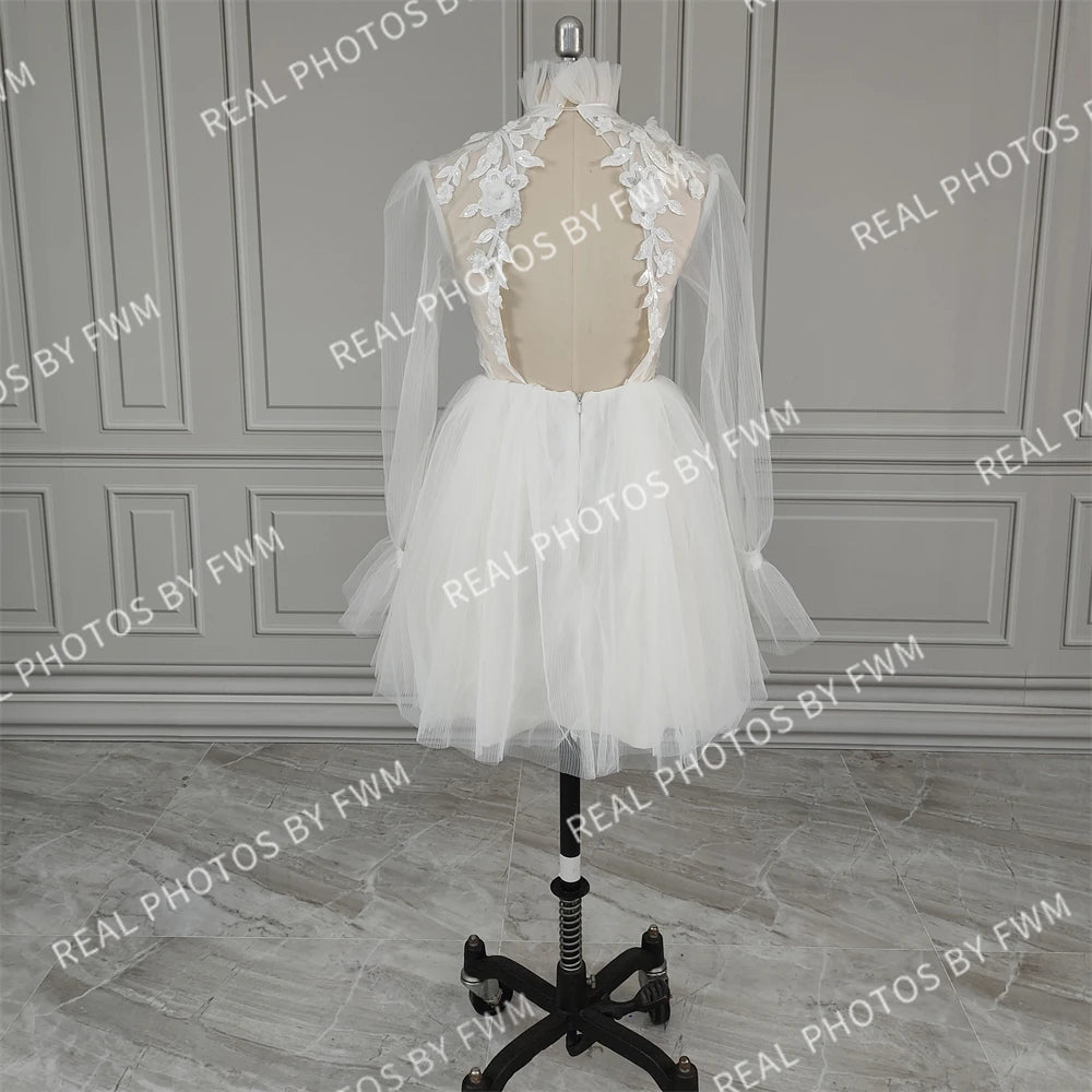 10707# Real Photos High Neck Sexy Long Sleeve A-Line Mini Tulle Boho Open Back Lace Applique Wedding Dress Wedding Bridal Gown