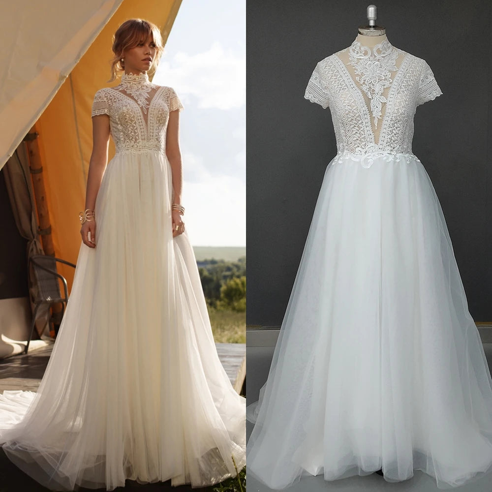 9696# Real Photos Boho Short Sleeves Backless A-line Tulle Wedding Dress Sweep Train Appliques Lace Bride Gown for Women
