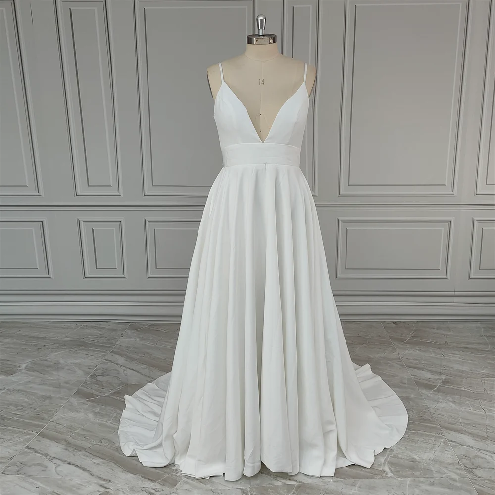 Real Photos Simple Spaghetti Straps V-neck A-line Chiffon Wedding Dress Beading Sequined Lace Backless Bride Gown for Women