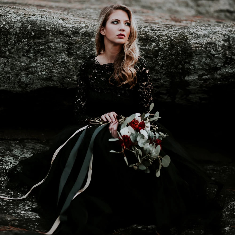 8471# Real Photos Black Vintage Long Sleeves Boat Neck Tulle A-line Wedding Dress Bridal Gown Bridal Evening Dresses for Women