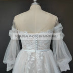 Real Photos Puffy Sleeve O-Neck Sweep Train Applique Lace A-Line Wedding Dress Woman Tulle Bridal Gown for Wedding Dress