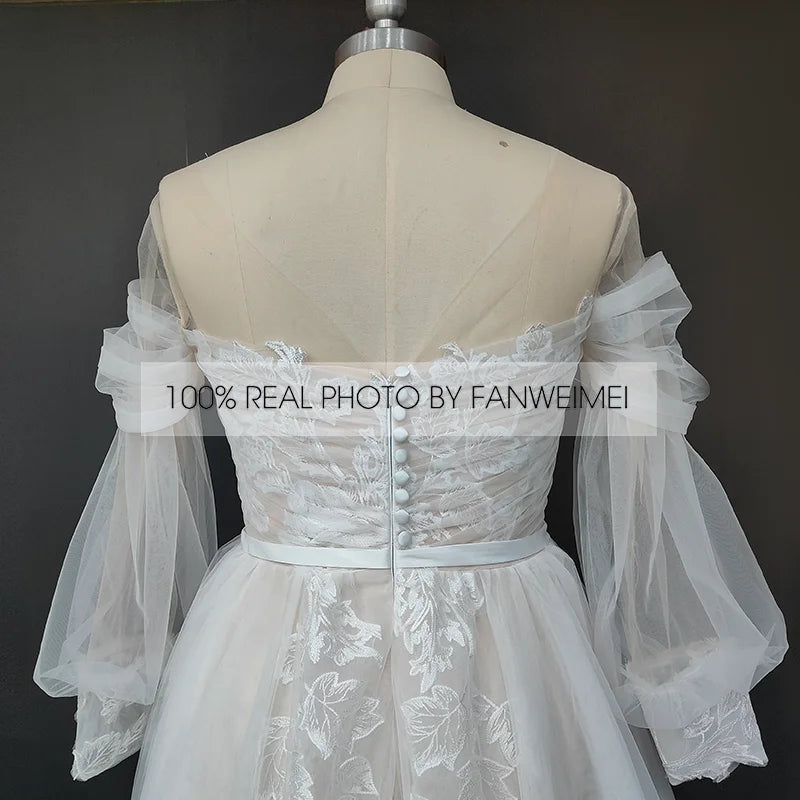 Real Photos Puffy Sleeve O-Neck Sweep Train Applique Lace A-Line Wedding Dress Woman Tulle Bridal Gown for Wedding Dress