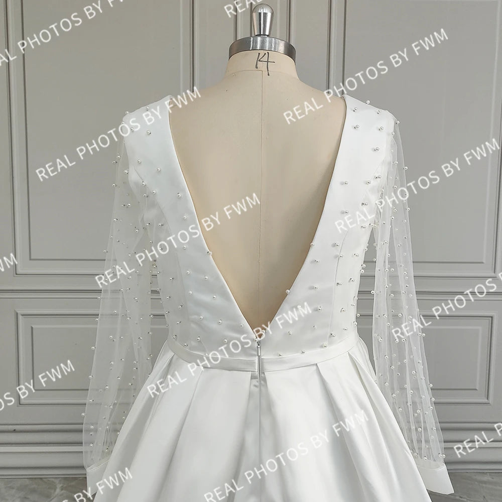 Real Photos High Quality Long Pearls Tulle A-line Wedding Dress for Bride Elegant Backless Satin Bridal Gown With Pockets