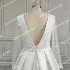 Real Photos High Quality Long Pearls Tulle A-line Wedding Dress for Bride Elegant Backless Satin Bridal Gown With Pockets