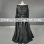 8471# Real Photos Black Vintage Long Sleeves Boat Neck Tulle A-line Wedding Dress Bridal Gown Bridal Evening Dresses for Women