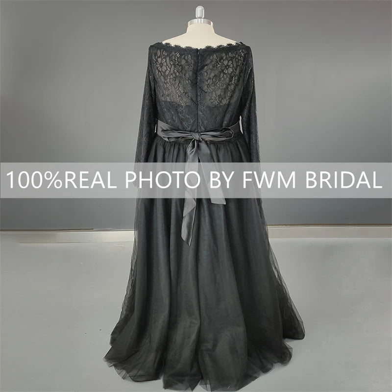 8471# Real Photos Black Vintage Long Sleeves Boat Neck Tulle A-line Wedding Dress Bridal Gown Bridal Evening Dresses for Women