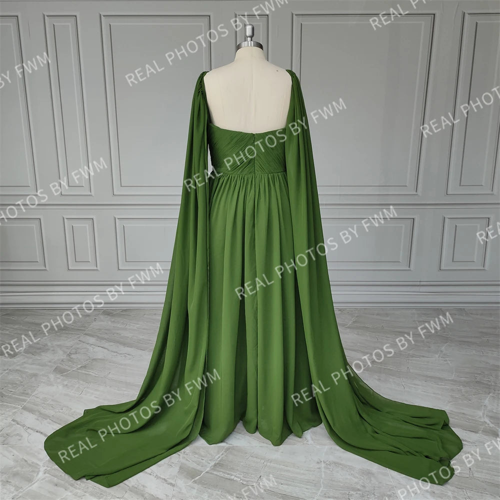 15171# Real Photos Green V-neck Ruched Belt Split Front Lace A-line Prom Evening Dress Wedding Party Dress for Plus Size Women