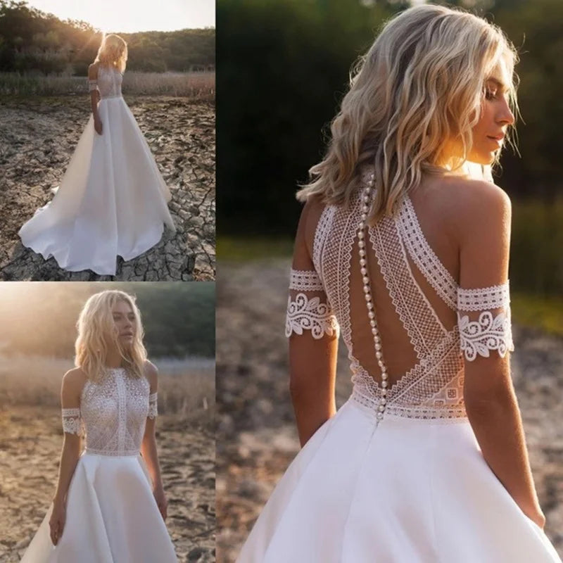 #1305 Real Photos Bohemian VINTAGE BOHO A-Line Wedding Dresses Lace Satin Detachable Sleeve Wedding Dress Bridal Gowns Beach