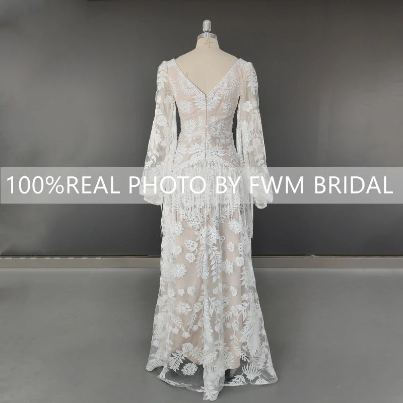 12582# Real Photos Bohemia Sweep Train V-Neck A-line Wedding Dress Appliques Lace Bridal Gown With Tassel Puffy Sleeves