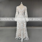 12582# Real Photos Bohemia Sweep Train V-Neck A-line Wedding Dress Appliques Lace Bridal Gown With Tassel Puffy Sleeves