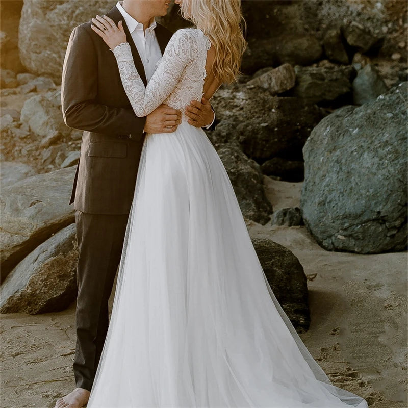 11617#Real Photos A-Line Lace O-Neck Sweep Train Bohemian Long Sleeve Illusion Open Back Wedding Dress Wedding Gown Bridal Gown