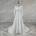 Real Photos High Quality Corset Back O-Neck Lace Long Sleeve A-Line Appliques Lace Wedding Dress for Women Bridal Gown