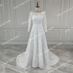 Real Photos High Quality Corset Back O-Neck Lace Long Sleeve A-Line Appliques Lace Wedding Dress for Women Bridal Gown