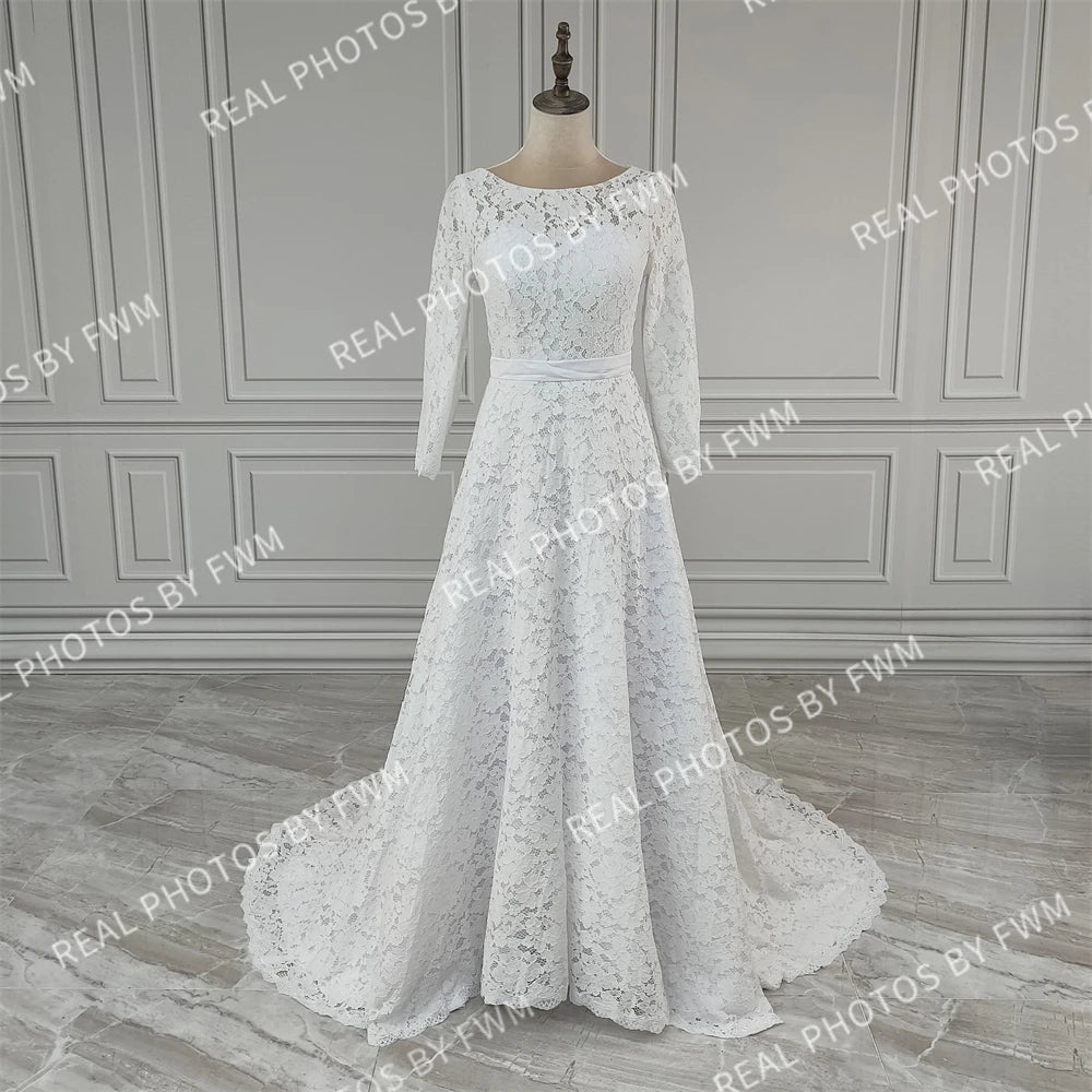 Real Photos High Quality Corset Back O-Neck Lace Long Sleeve A-Line Appliques Lace Wedding Dress for Women Bridal Gown