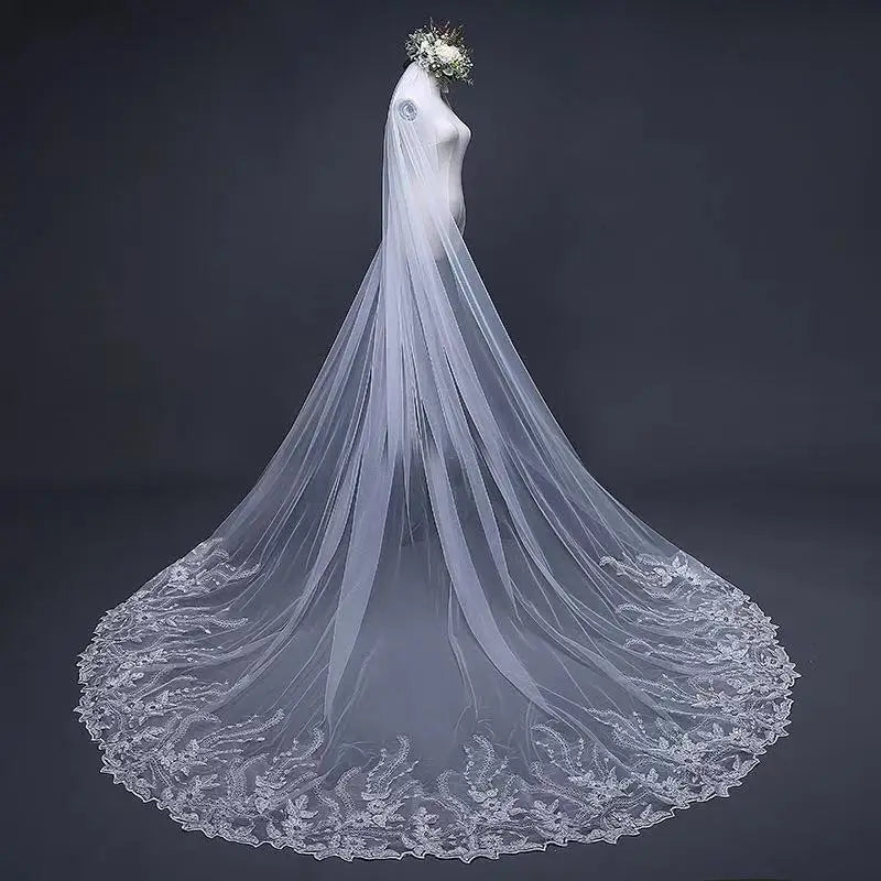 3.8*3  Meter White One Layer Lace Long Bridal Veil Comb