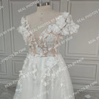 #8150 Real Photos Romantic 3D Flowers V-neck Sweep Train Backless A-line Lace Wedding Dress Bridal Gown for Women Custom Made