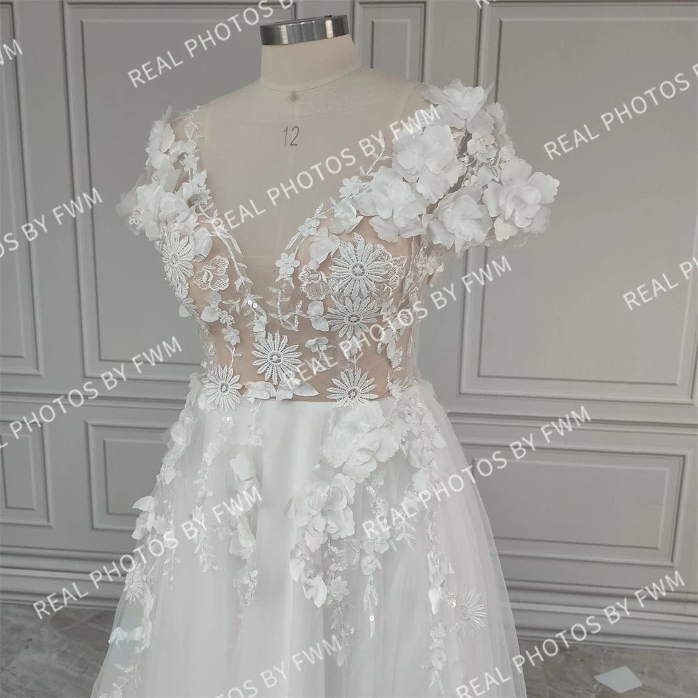 #8150 Real Photos Romantic 3D Flowers V-neck Sweep Train Backless A-line Lace Wedding Dress Bridal Gown for Women Custom Made