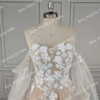 #2220 Real Photos Boho Detachable Puffy Sleeves Appliques Lace Strapless Wedding Dress for Women Pleated Tulle  Bridal Gown
