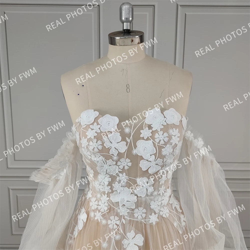 #2220 Real Photos Boho Detachable Puffy Sleeves Appliques Lace Strapless Wedding Dress for Women Pleated Tulle  Bridal Gown