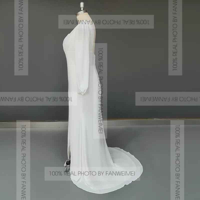 10183#Real Photos Long Sleeves Square Neck Open Back Sheath Chiffon Side Slit Sweep Train Wedding Dress Wedding Bridal Gown