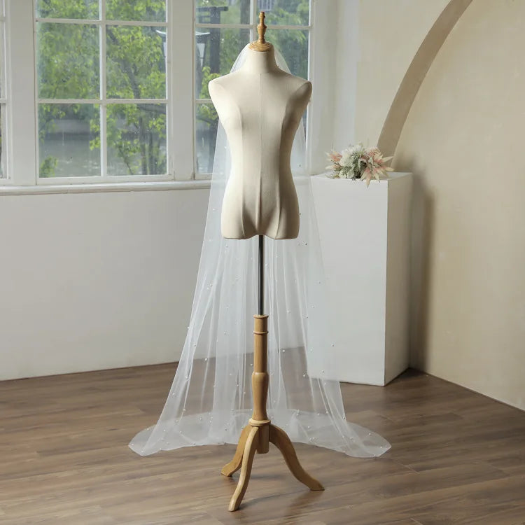 Real Photos Vintage One Layer Pearls Tulle 2M Bridal Veil Wedding Accessories Wedding Veils